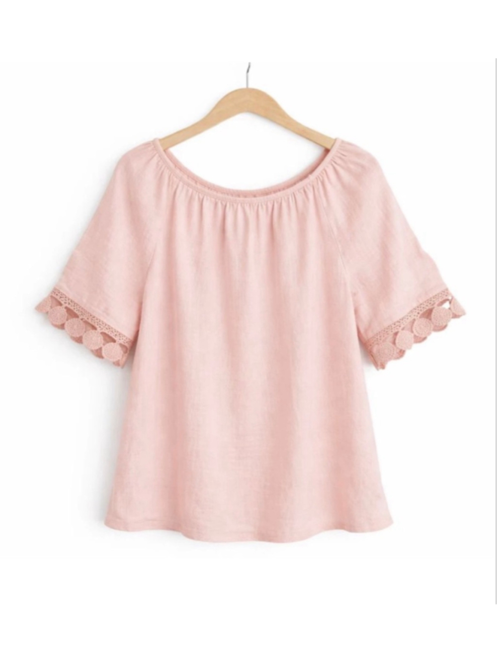 Blush Pink Linen Boho Blouse S Crochet Lace Trim Made in Italy Terzo Millennio